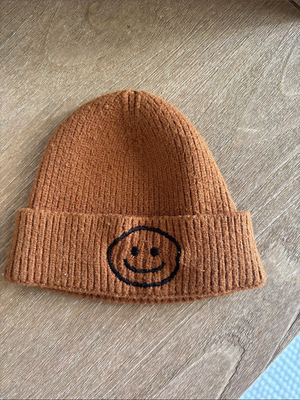 Kids Rust Orange Knit Beanie with Smiley Embroidery - Baby Beanie- brownish oran